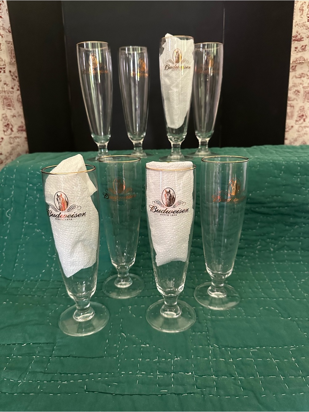 Budweiser Clear Pilsner Glasses with Gold Trim - Set of Eight